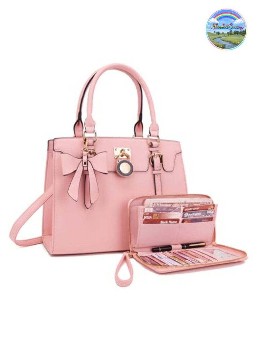 Vegan Leather Satchel Tote Shoulder Handbag & Wallet Set RFID Blocking